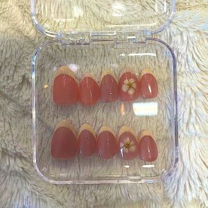 Pink and Cream Press-On Nails with Floral Accent